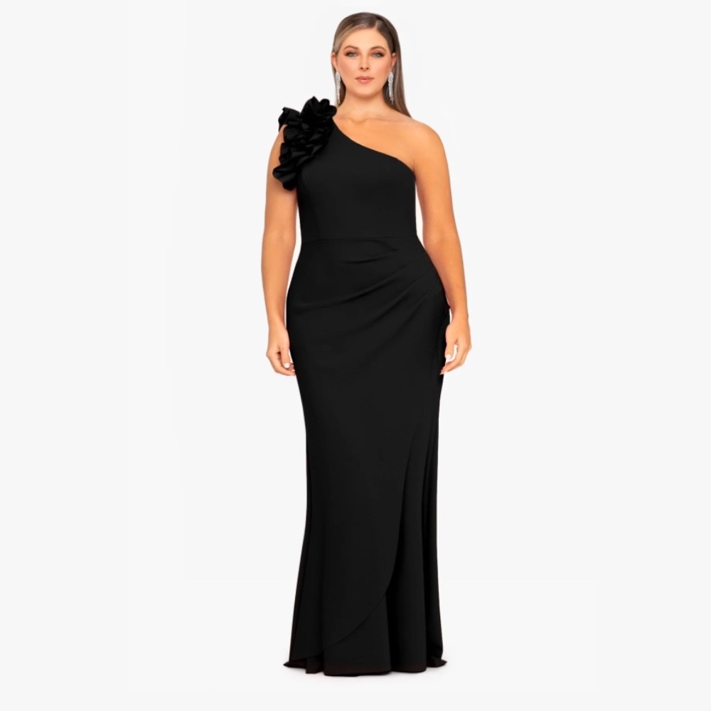 Xscape Evenings Ruffle Detail One Shoulder Sheath Gown